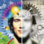 Split portrait: colorful creative left, mechanical right