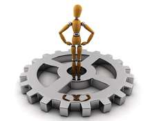 Wooden mannequin standing on large silver gear