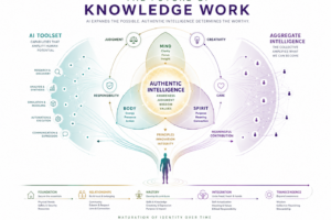 The diagram illustrates a conceptual framework for the future of knowledge work, emphasizing the integration of artificial intelligence, authentic intelligence, and human capabilities. It highlights the importance of focus, insight, research, discovery, analysis, responsibility, awareness, communication, principles, innovation, contribution, integrity, and meaningful expression. The diagram also underscores the significance of building trust, developing skills, and fostering community. It emphasizes the maturation of identity and the collective flourishing of human nature, suggesting that humans and systems shape a worthy future together.
