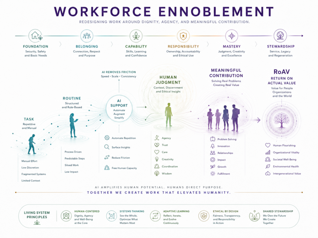 The image illustrates a diagram that depicts the integration of AI into the workforce, enhancing human dignity, agency, and meaningful contribution. It highlights the transition from routine, repetitive tasks to value-driven, creative problem-solving, emphasizing the importance of human connection, judgment, and innovation.
