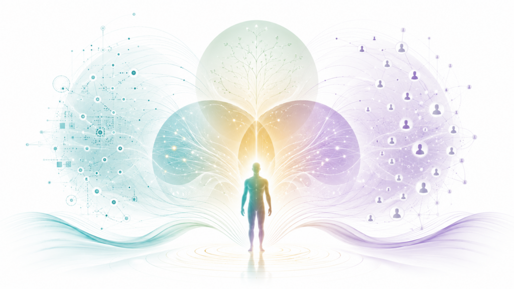 The image depicts a serene, abstract figure of a person in a meditative pose, surrounded by vibrant, interconnected, iridescent circles and spirals, symbolizing energy and unity.