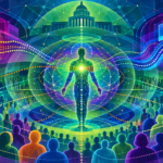 Abstract civic communication field with human discernment, law, public institutions, and population-scale signal pathways