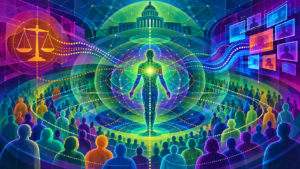 Abstract civic communication field with human discernment, law, public institutions, and population-scale signal pathways