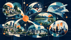 Graphic systems collage with an orange central decision node connected to a neighborhood, sleeping person, aircraft, wetland, transit line, infrastructure facility, and civic meeting.
