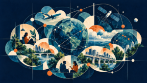 Graphic composition showing a central Earth-like sphere surrounded by connected scenes of a home, people, water, transit, aircraft, satellite, communication signals, and civic space.