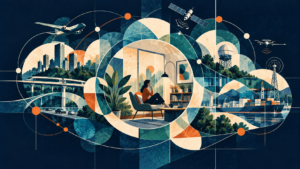 Graphic collage centered on a person in a quiet interior, surrounded by layered circles and connected signals representing transportation, communications, infrastructure, and the wider environment.